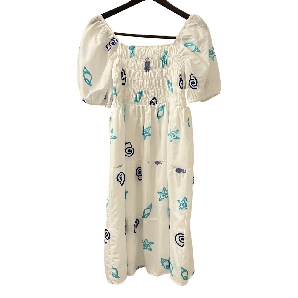 NWT Kindred 2X White Smocked Midi Dress Blue Embroidered Seashell Puff Sleeve